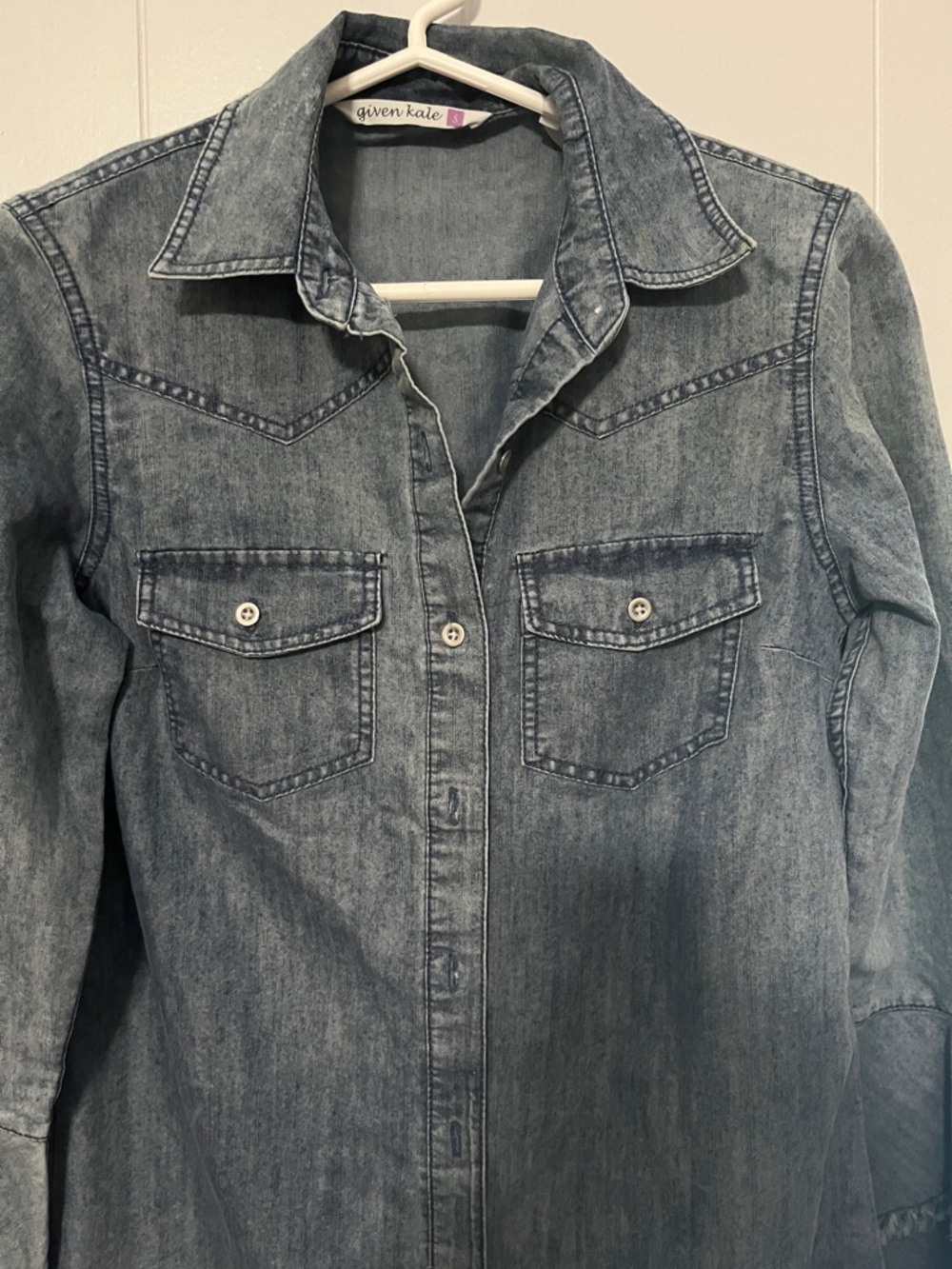 Washed Denim Midi Shirt Dress with Ruffle Sleeves - Blue - Picture 3 of 8